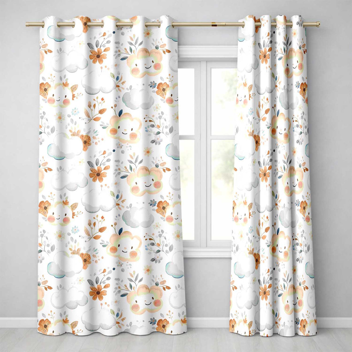 Cute Smiling Clouds Pastel Floral Seamless Pattern  Readymade Eyelet Ring Top Thermal 100% Blackout Curtains