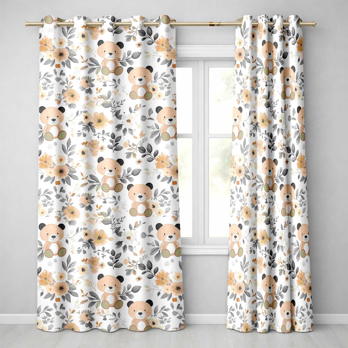 Cute Teddy Bear Floral Nursery Seamless Pattern  Readymade Eyelet Ring Top Thermal 100% Blackout Curtains