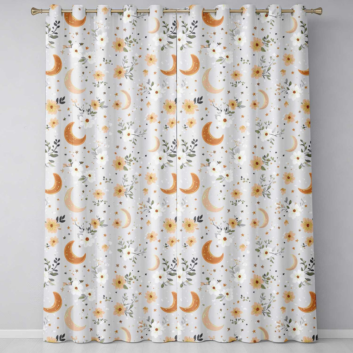 Boho Moon Stars Floral Dreamy Seamless Pattern  Readymade Eyelet Ring Top Thermal 100% Blackout Curtains