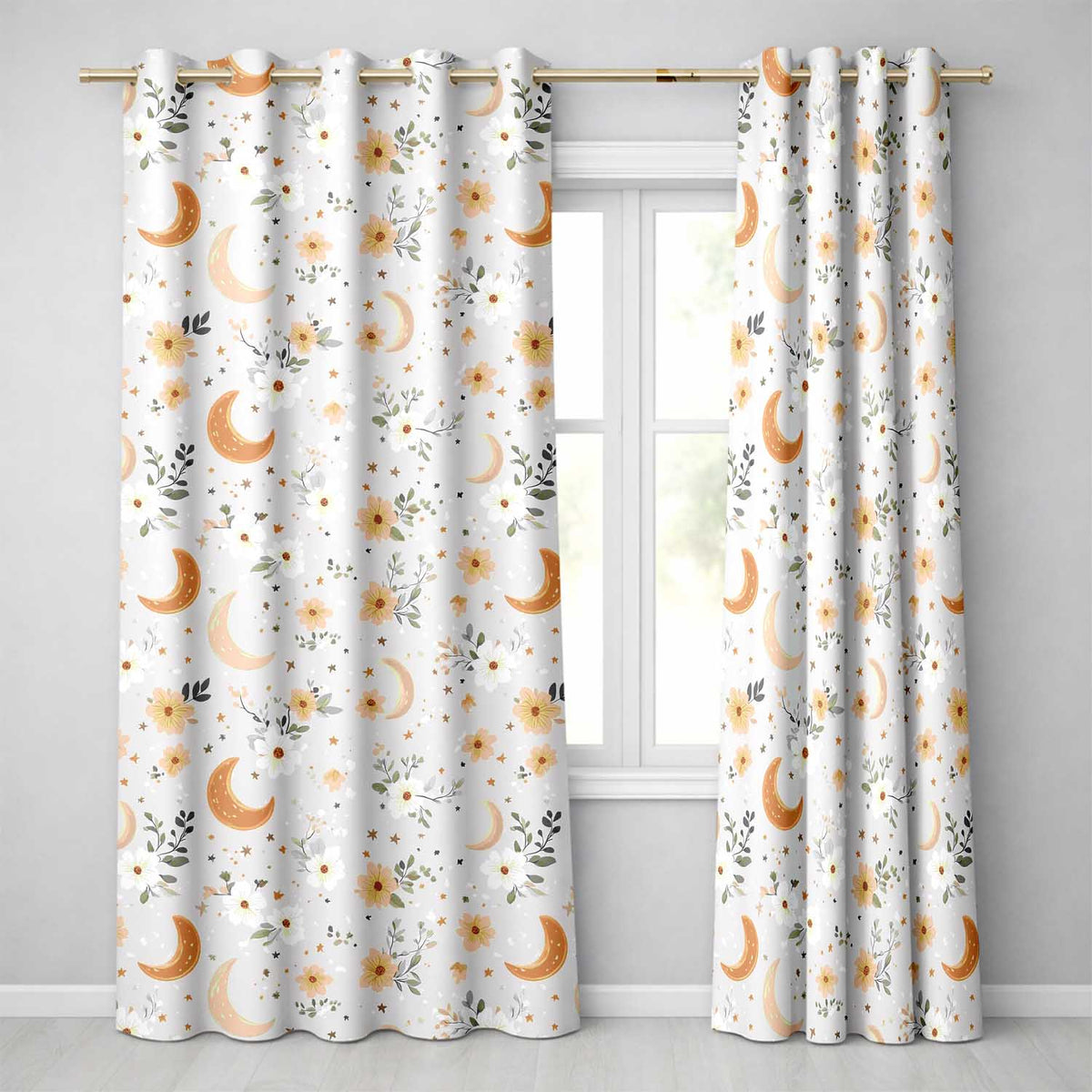 Boho Moon Stars Floral Dreamy Seamless Pattern  Readymade Eyelet Ring Top Thermal 100% Blackout Curtains