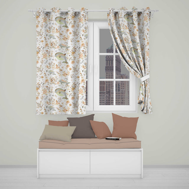 Cute Whale Dolphin Floral Neutral Seamless Pattern  Readymade Eyelet Ring Top Thermal 100% Blackout Curtains