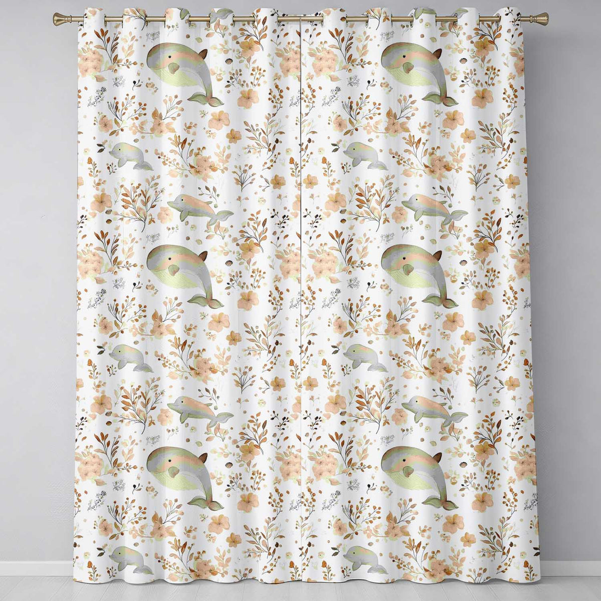 Cute Whale Dolphin Floral Neutral Seamless Pattern  Readymade Eyelet Ring Top Thermal 100% Blackout Curtains