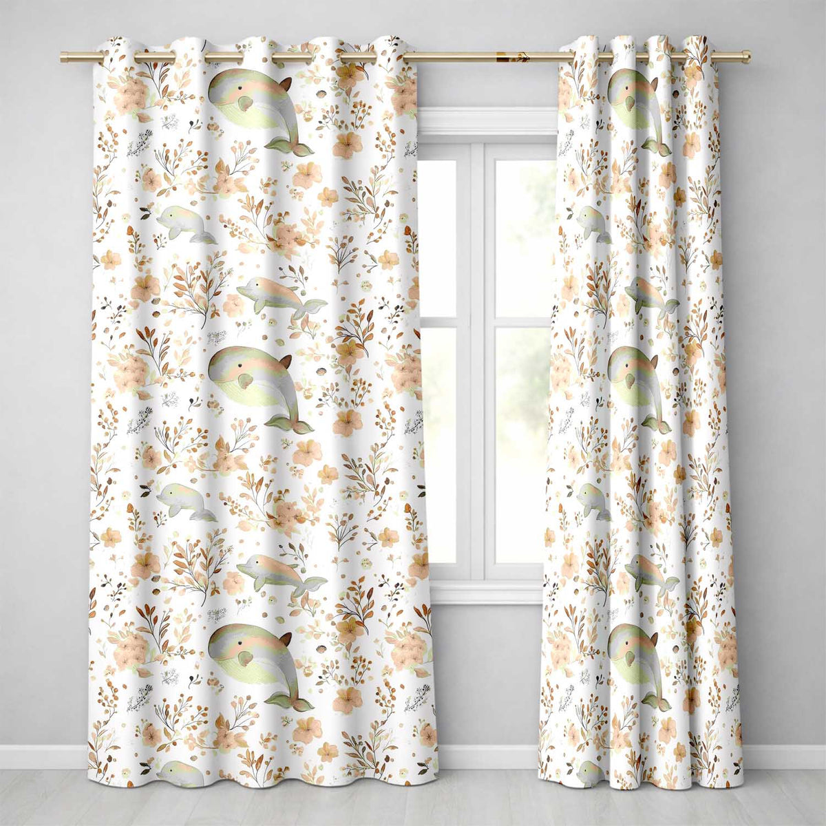 Cute Whale Dolphin Floral Neutral Seamless Pattern  Readymade Eyelet Ring Top Thermal 100% Blackout Curtains