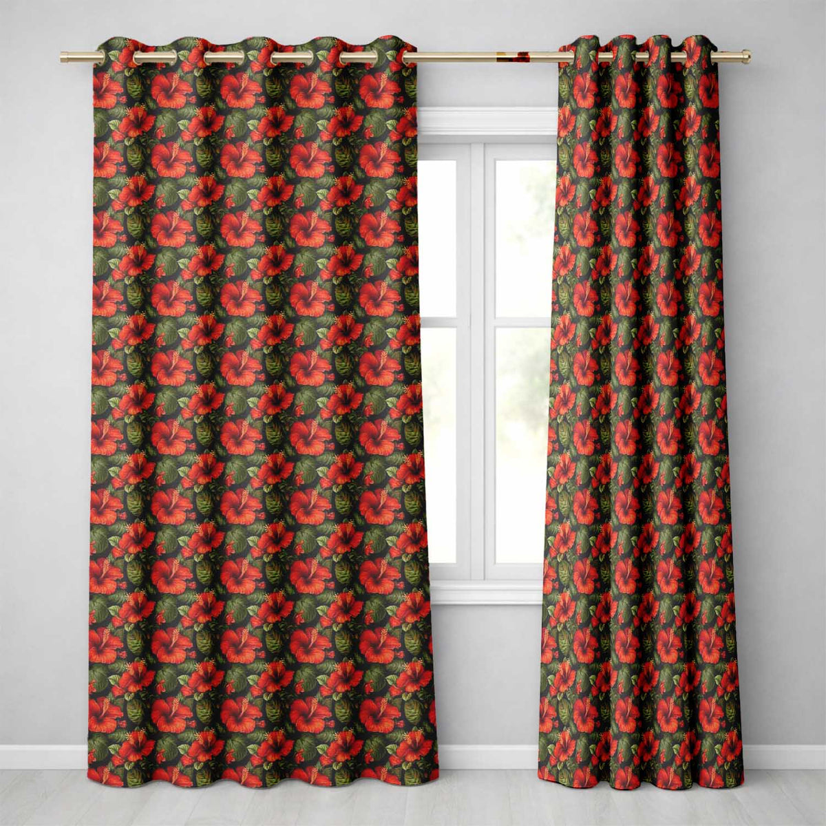 Tropical Red Hibiscus Dark Botanical Seamless Pattern  Readymade Eyelet Ring Top Thermal 100% Blackout Curtains