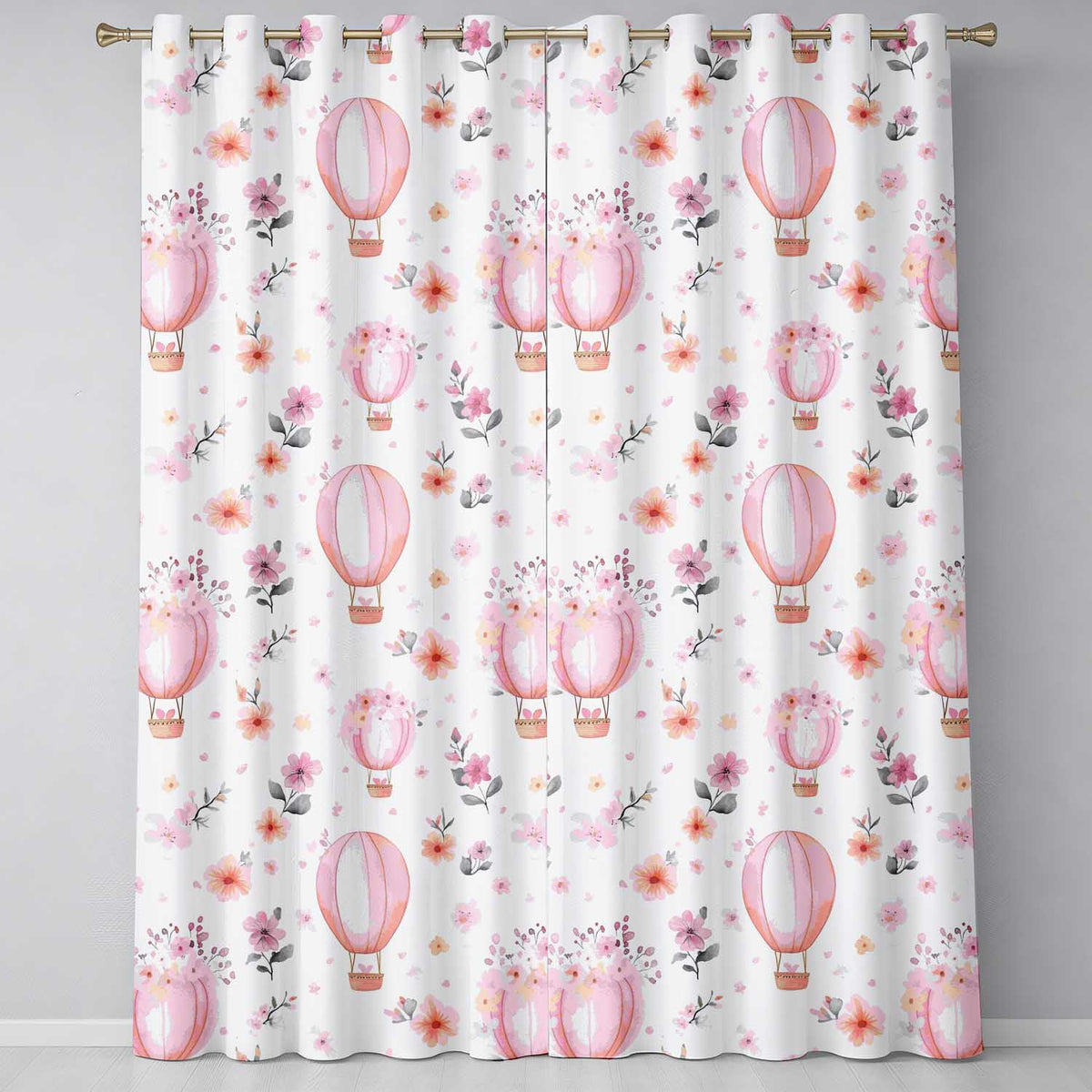 Soft Pink Floral Hot Air Balloon Watercolor Seamless Pattern  Readymade Eyelet Ring Top Thermal 100% Blackout Curtains