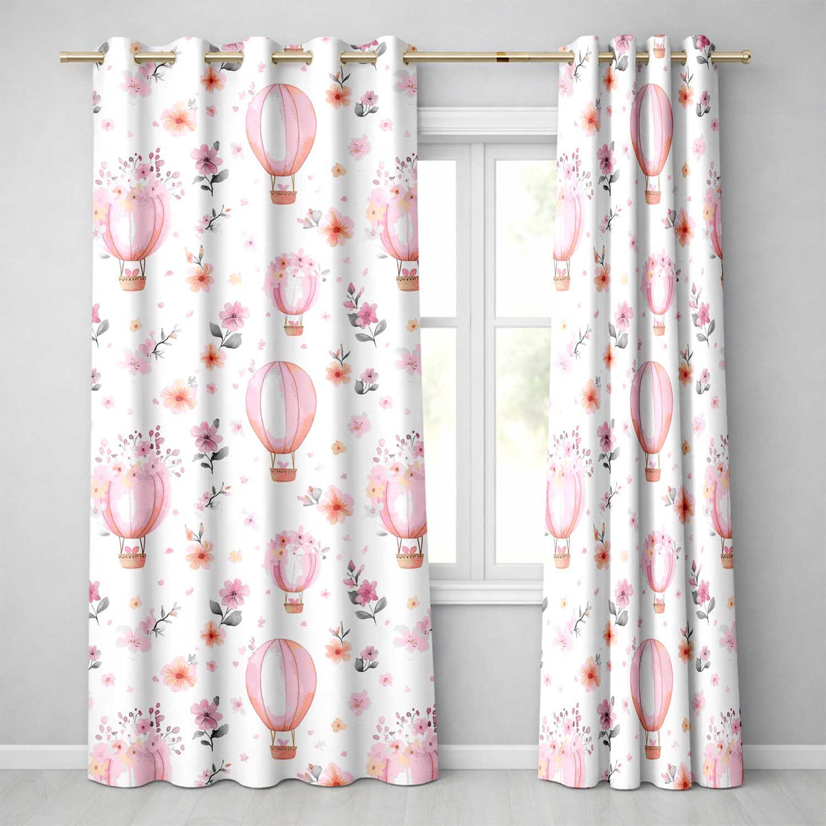 Soft Pink Floral Hot Air Balloon Watercolor Seamless Pattern  Readymade Eyelet Ring Top Thermal 100% Blackout Curtains