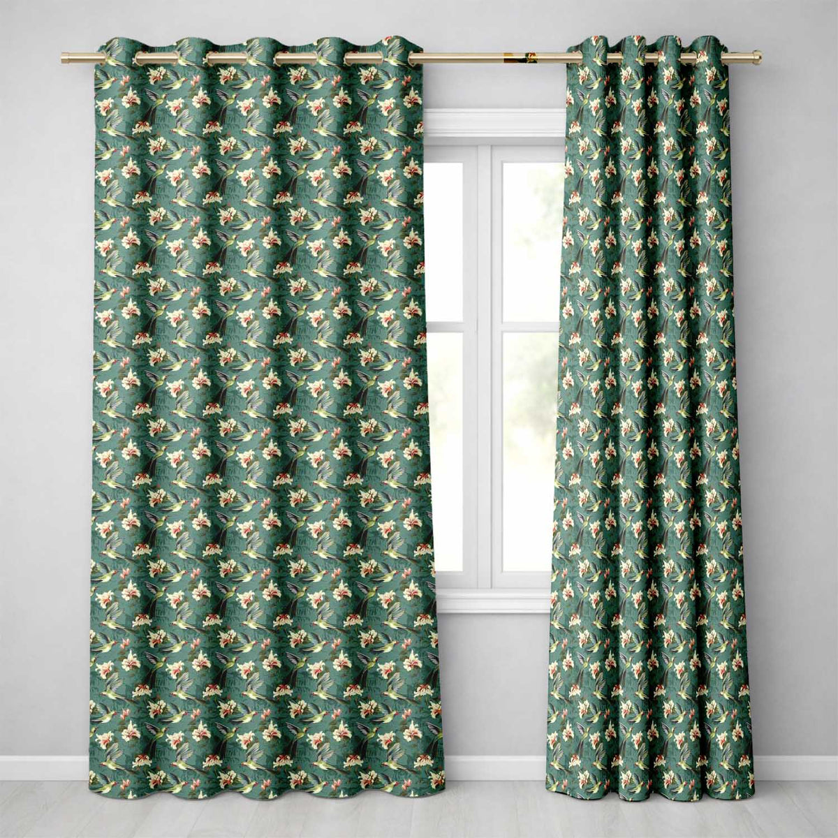 Vintage Hummingbird Lily Floral Dark Green Seamless Pattern  Readymade Eyelet Ring Top Thermal 100% Blackout Curtains