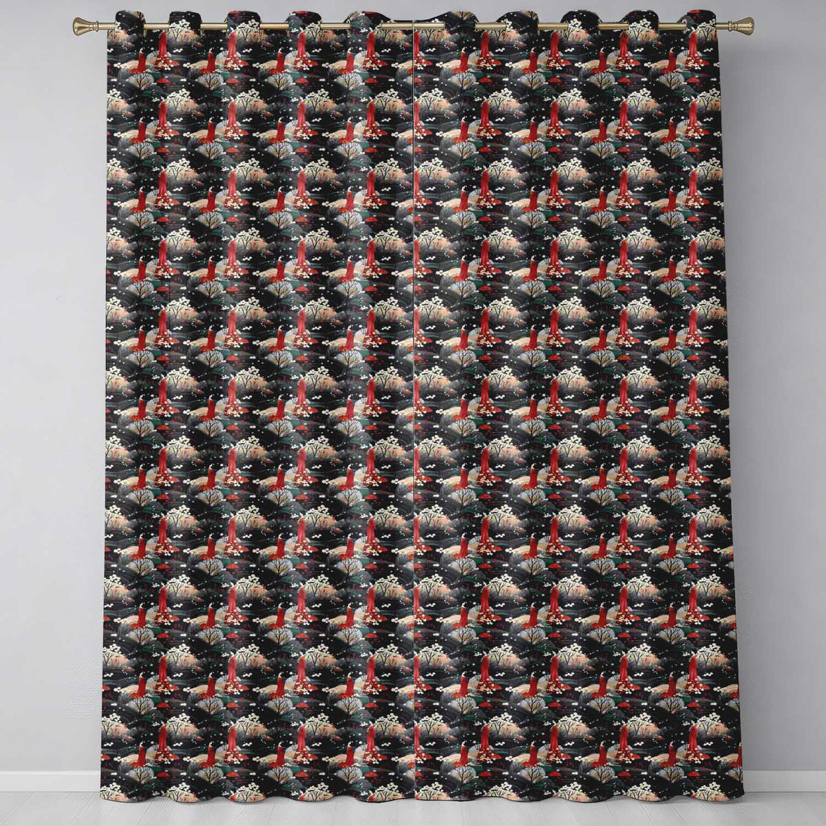 Japanese Geisha Red Kimono Floral Landscape Seamless Pattern  Readymade Eyelet Ring Top Thermal 100% Blackout Curtains