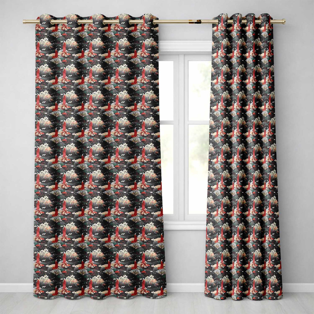 Japanese Geisha Red Kimono Floral Landscape Seamless Pattern  Readymade Eyelet Ring Top Thermal 100% Blackout Curtains
