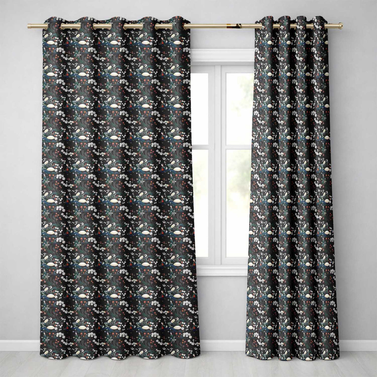 Elegant Japanese Women Floral Night Garden Seamless Pattern  Readymade Eyelet Ring Top Thermal 100% Blackout Curtains