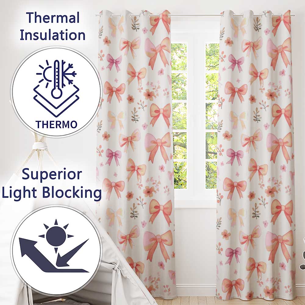 Watercolor Pink Bow Ribbon Cute Floral Seamless Pattern  Readymade Eyelet Ring Top Thermal 100% Blackout Curtains