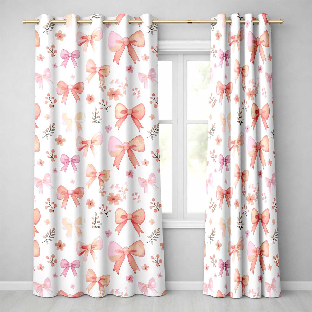 Watercolor Pink Bow Ribbon Cute Floral Seamless Pattern  Readymade Eyelet Ring Top Thermal 100% Blackout Curtains