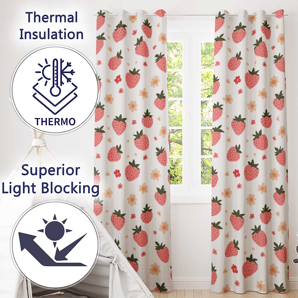 Cute Strawberry Daisy Floral Soft Seamless Pattern  Readymade Eyelet Ring Top Thermal 100% Blackout Curtains