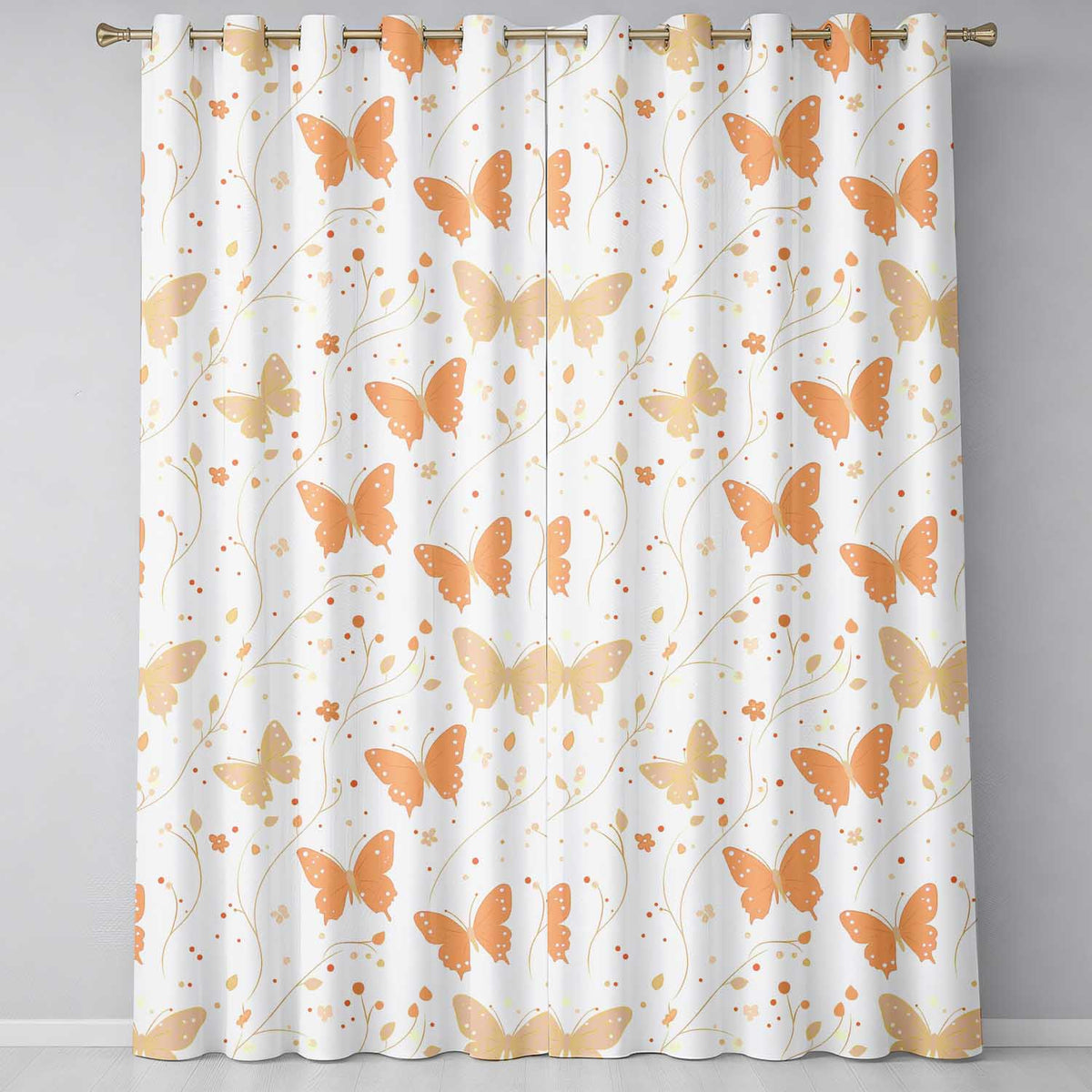 Soft Peach Butterfly Floral Elegant Seamless Pattern  Readymade Eyelet Ring Top Thermal 100% Blackout Curtains