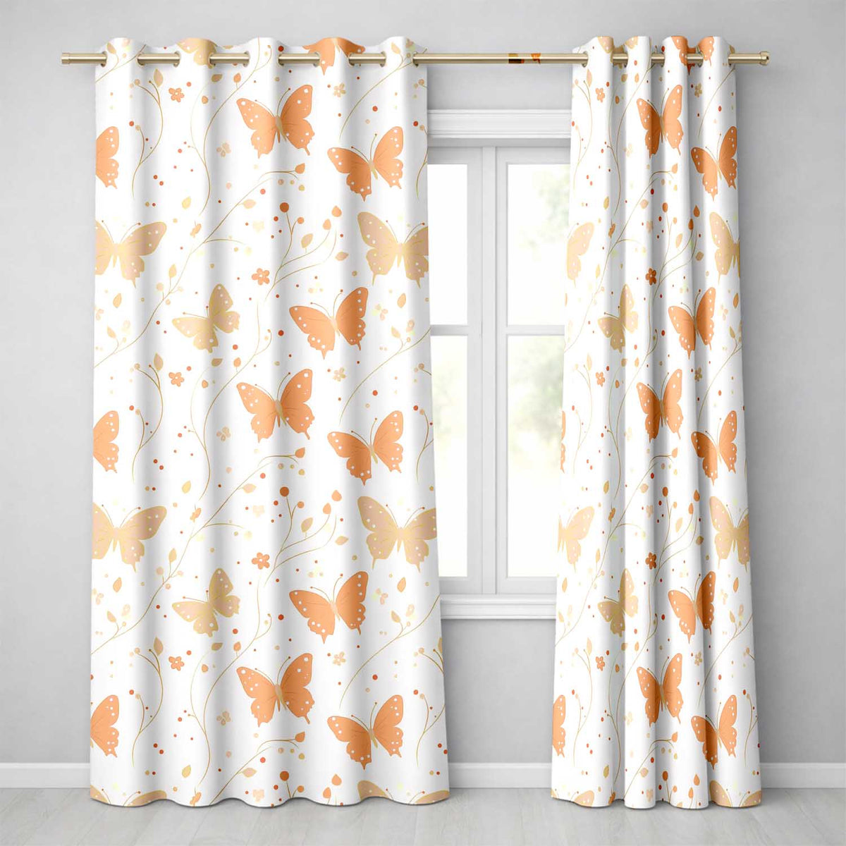 Soft Peach Butterfly Floral Elegant Seamless Pattern  Readymade Eyelet Ring Top Thermal 100% Blackout Curtains