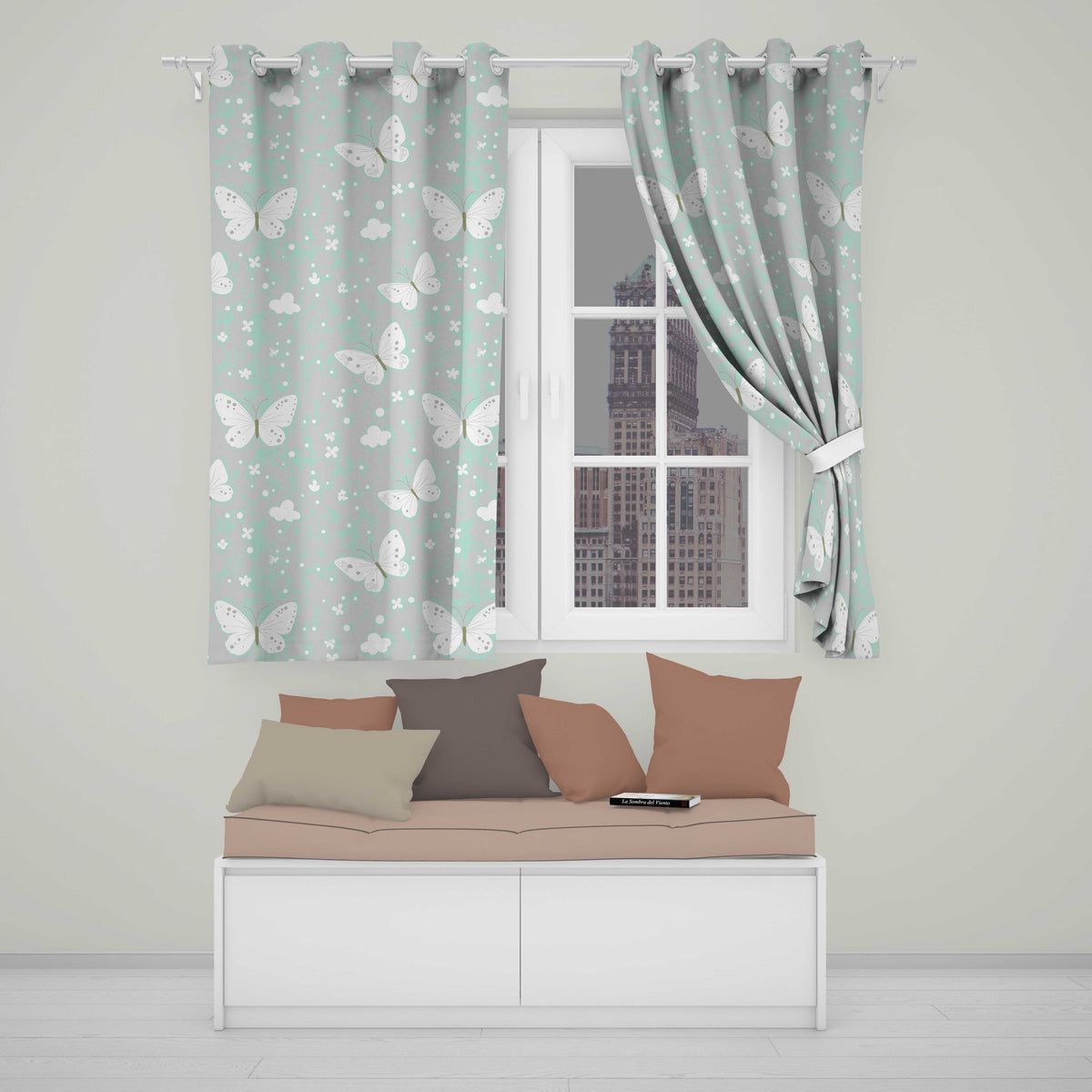 Mint Green Butterfly Soft Dreamy Seamless Pattern  Readymade Eyelet Ring Top Thermal 100% Blackout Curtains