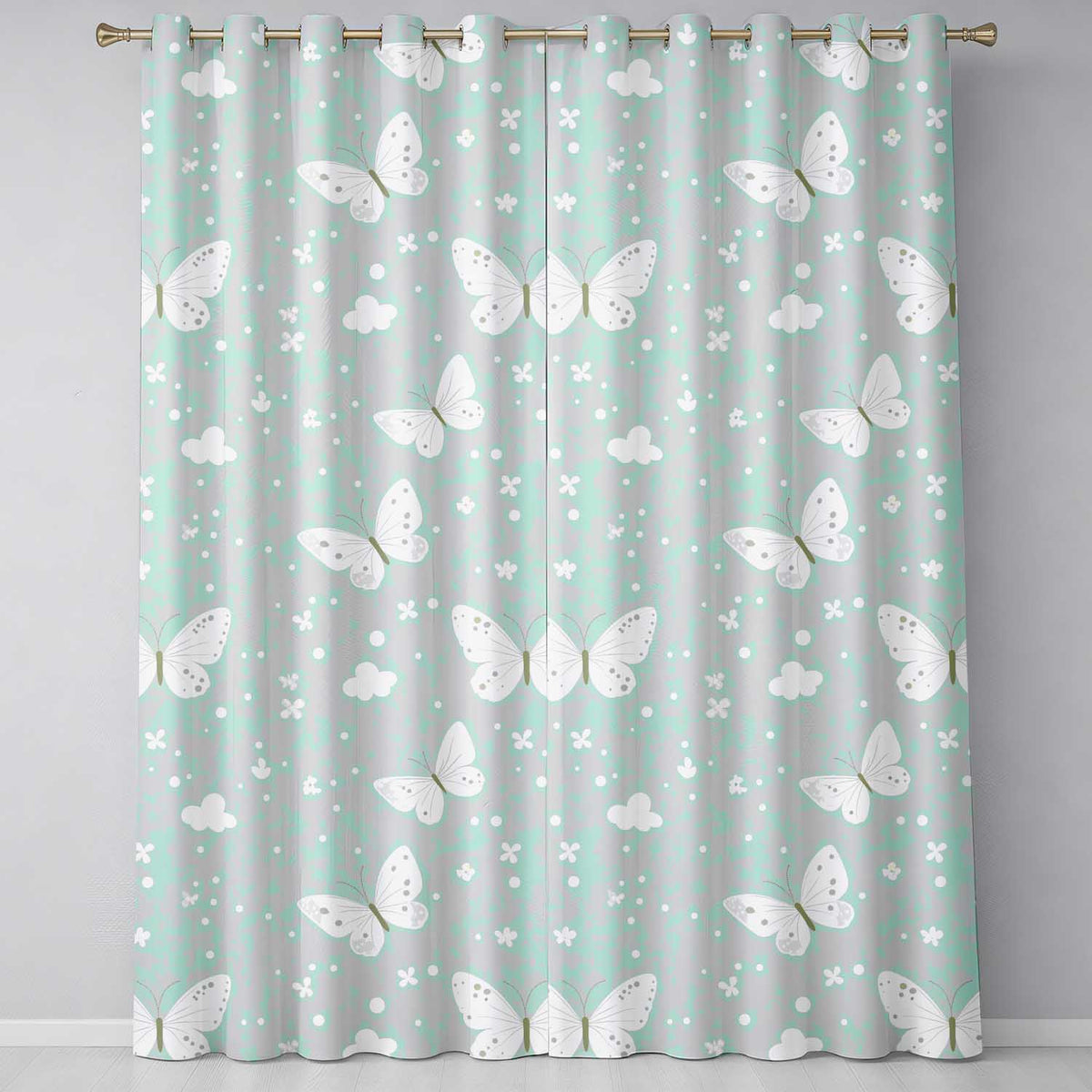 Mint Green Butterfly Soft Dreamy Seamless Pattern  Readymade Eyelet Ring Top Thermal 100% Blackout Curtains