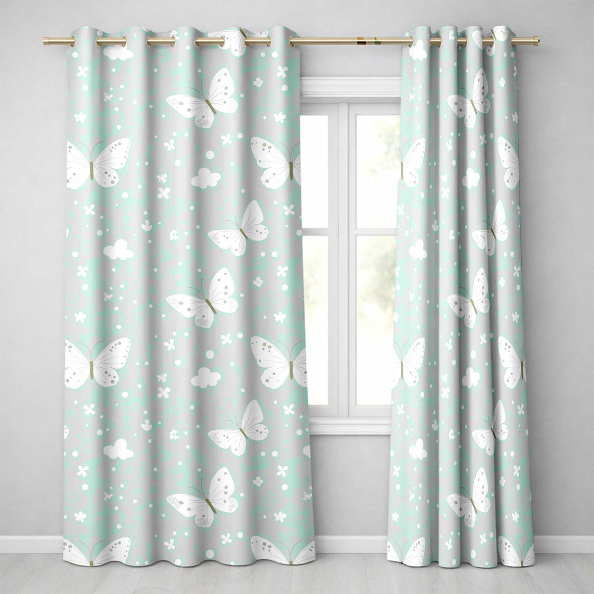 Mint Green Butterfly Soft Dreamy Seamless Pattern  Readymade Eyelet Ring Top Thermal 100% Blackout Curtains