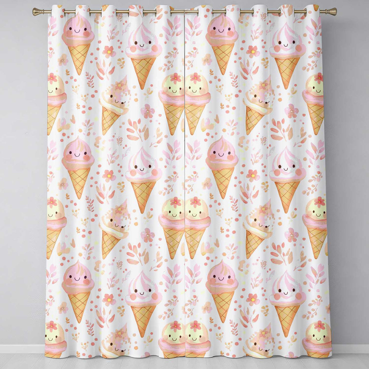 Cute Kawaii Ice Cream Floral Sweet Seamless Pattern  Readymade Eyelet Ring Top Thermal 100% Blackout Curtains