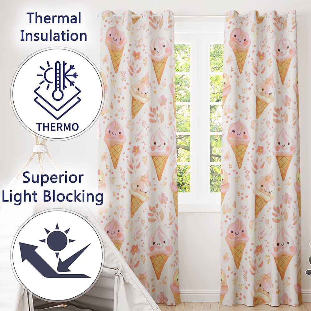 Cute Kawaii Ice Cream Floral Sweet Seamless Pattern  Readymade Eyelet Ring Top Thermal 100% Blackout Curtains