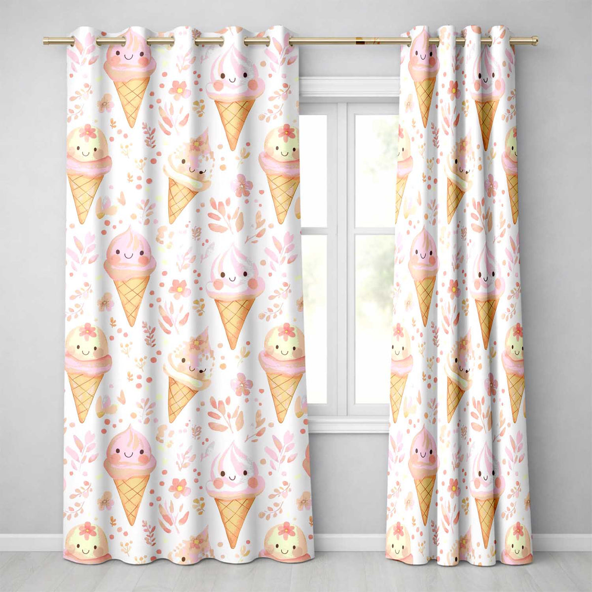 Cute Kawaii Ice Cream Floral Sweet Seamless Pattern  Readymade Eyelet Ring Top Thermal 100% Blackout Curtains