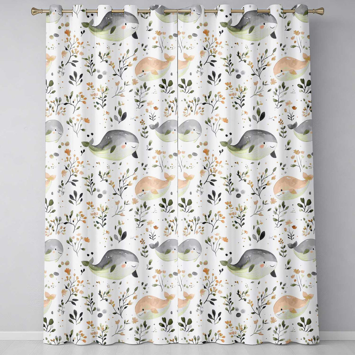 Cute Baby Whale Ocean Floral Watercolor Seamless Pattern  Readymade Eyelet Ring Top Thermal 100% Blackout Curtains