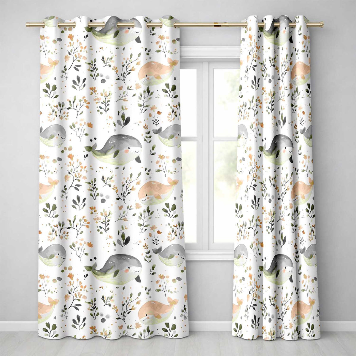 Cute Baby Whale Ocean Floral Watercolor Seamless Pattern  Readymade Eyelet Ring Top Thermal 100% Blackout Curtains