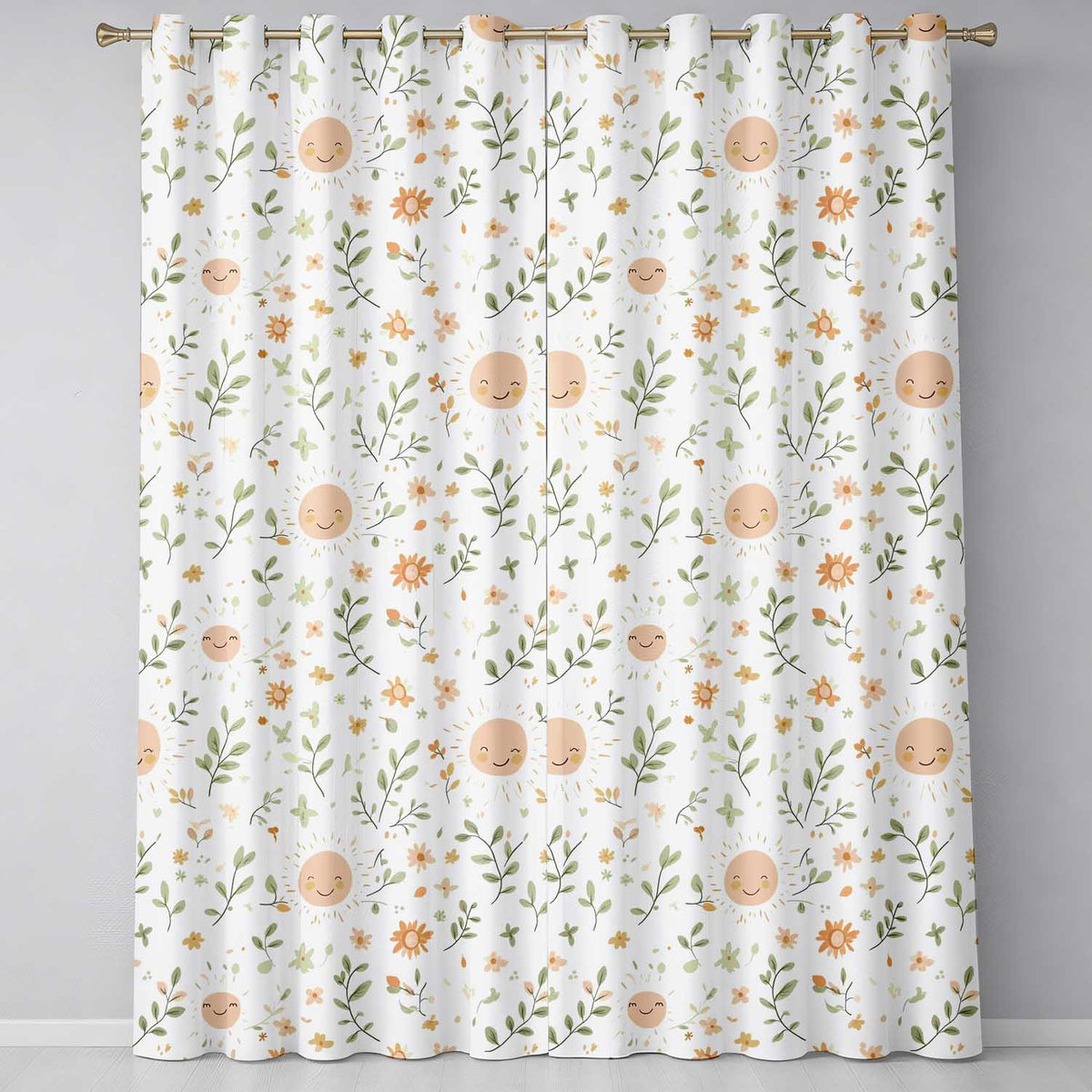 Smiling Sun Floral Nature Cute Seamless Pattern  Readymade Eyelet Ring Top Thermal 100% Blackout Curtains