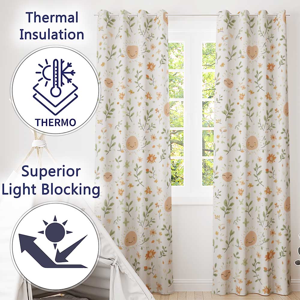 Smiling Sun Floral Nature Cute Seamless Pattern  Readymade Eyelet Ring Top Thermal 100% Blackout Curtains