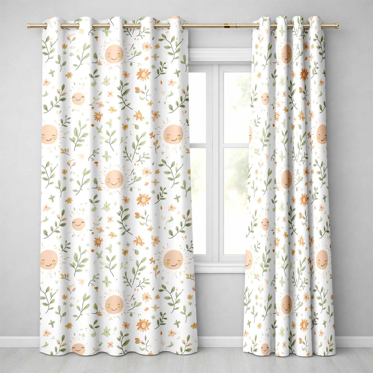 Smiling Sun Floral Nature Cute Seamless Pattern  Readymade Eyelet Ring Top Thermal 100% Blackout Curtains