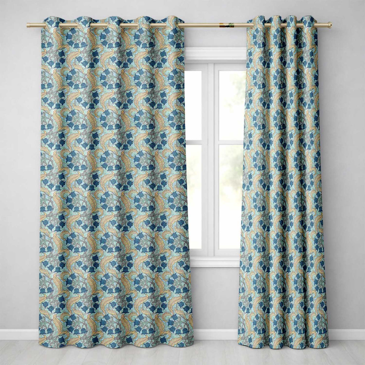 William Morris Style Blue Floral Seamless Pattern  Readymade Eyelet Ring Top Thermal 100% Blackout Curtains