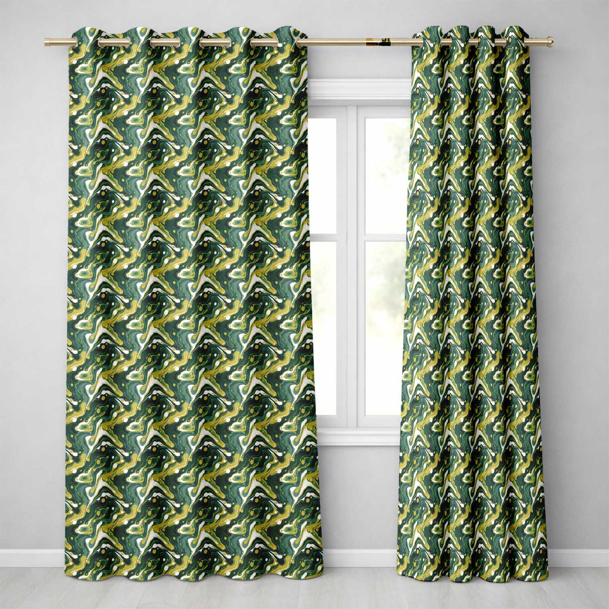 Deep Green Gold Liquid Marble Seamless Pattern  Readymade Eyelet Ring Top Thermal 100% Blackout Curtains