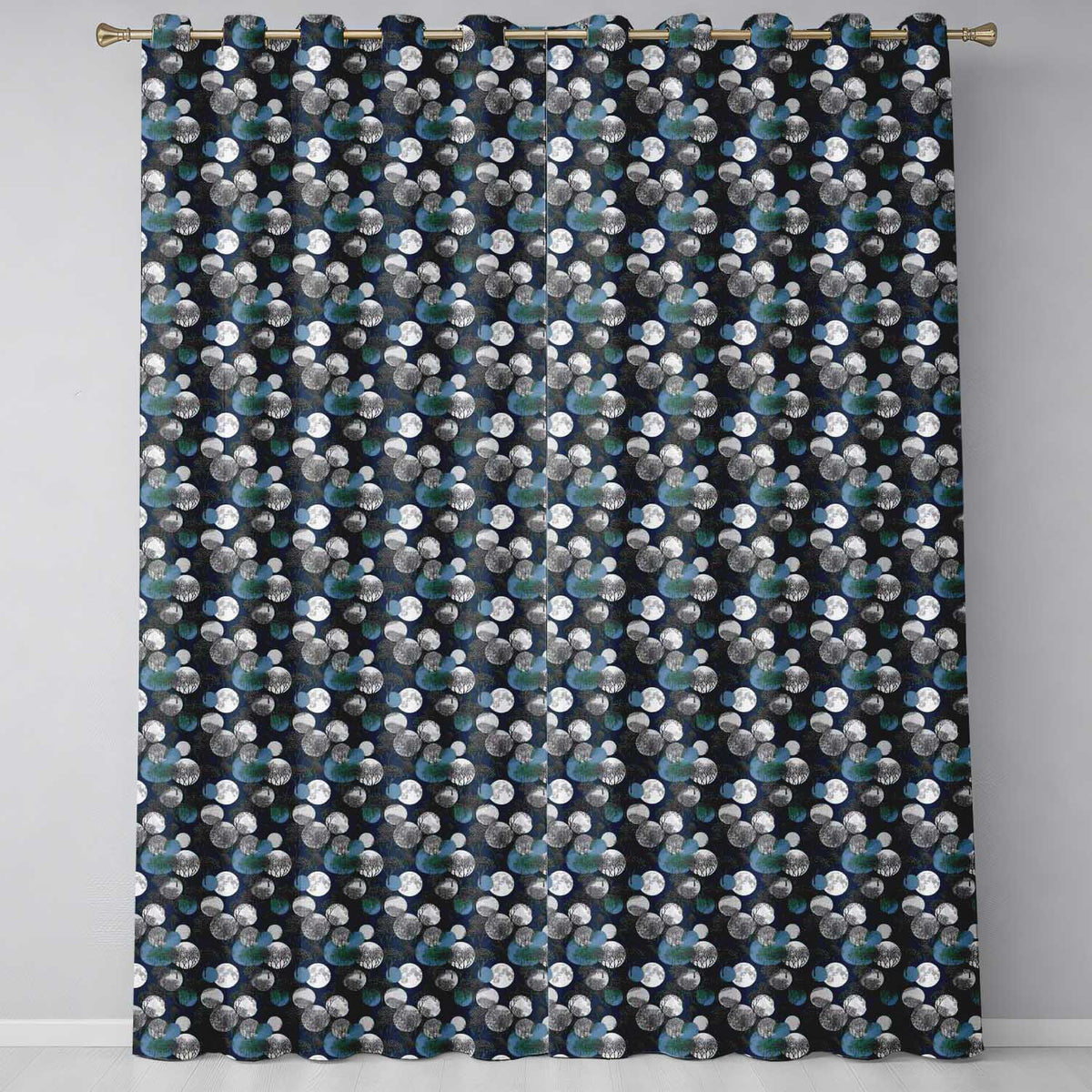 Moonlit Forest Trees and Abstract Circles on Dark Blue Seamless Pattern  Readymade Eyelet Ring Top Thermal 100% Blackout Curtains