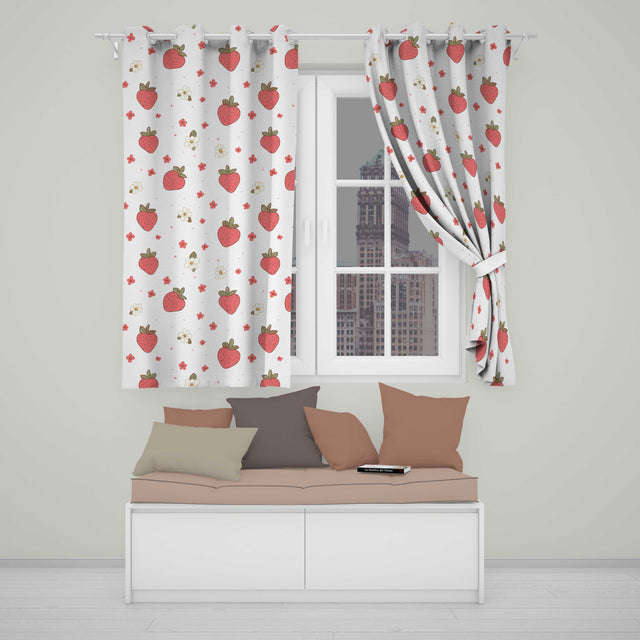 Cute Strawberry and Floral Pattern on Soft Neutral Background Seamless Pattern  Readymade Eyelet Ring Top Thermal 100% Blackout Curtains