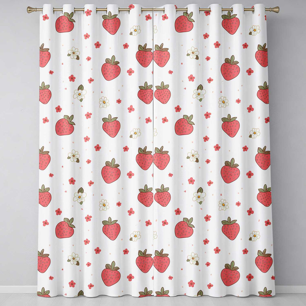 Cute Strawberry and Floral Pattern on Soft Neutral Background Seamless Pattern  Readymade Eyelet Ring Top Thermal 100% Blackout Curtains