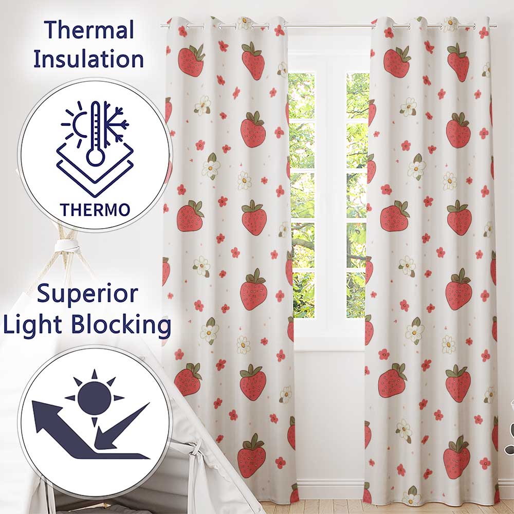 Cute Strawberry and Floral Pattern on Soft Neutral Background Seamless Pattern  Readymade Eyelet Ring Top Thermal 100% Blackout Curtains