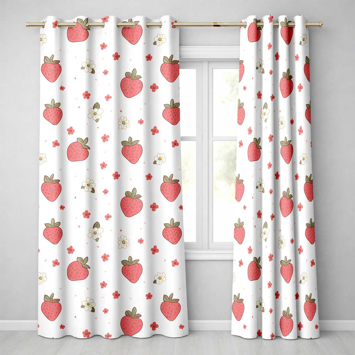 Cute Strawberry and Floral Pattern on Soft Neutral Background Seamless Pattern  Readymade Eyelet Ring Top Thermal 100% Blackout Curtains