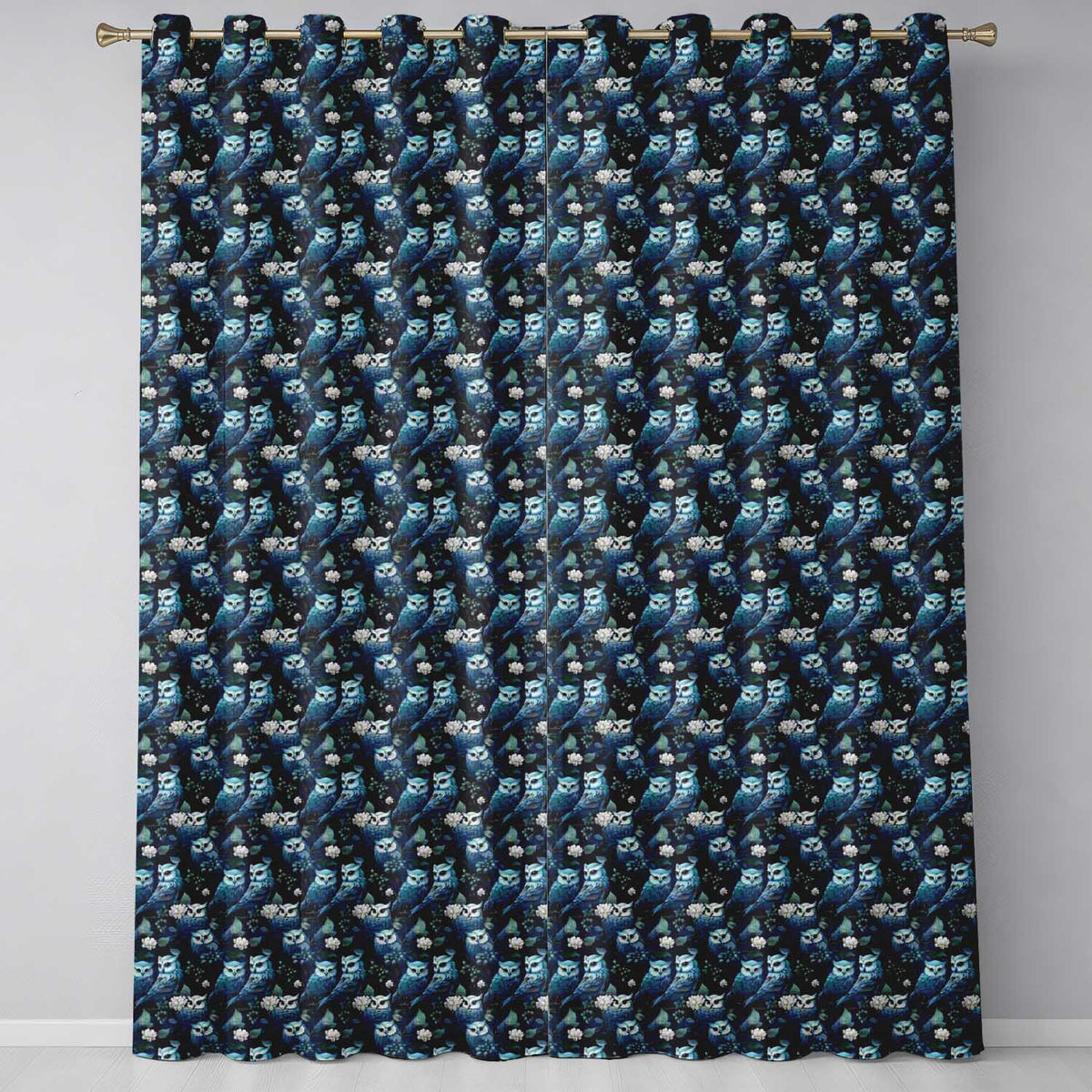 Majestic Blue Owl Birds with Floral Night Background Seamless Pattern  Readymade Eyelet Ring Top Thermal 100% Blackout Curtains