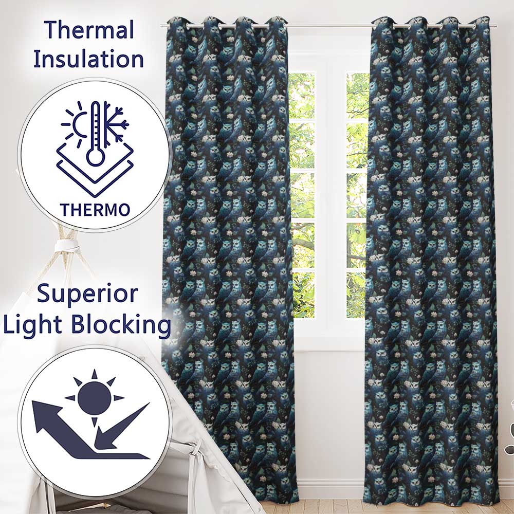 Majestic Blue Owl Birds with Floral Night Background Seamless Pattern  Readymade Eyelet Ring Top Thermal 100% Blackout Curtains