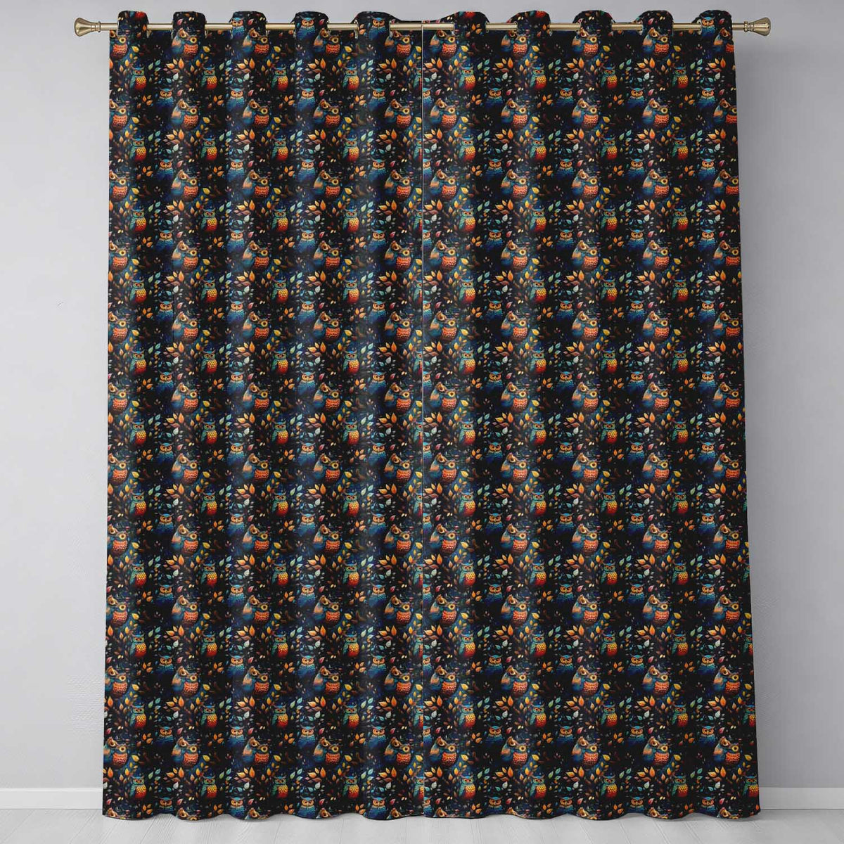 Colorful Autumn Owl Birds with Leaves Night Background Seamless Pattern  Readymade Eyelet Ring Top Thermal 100% Blackout Curtains