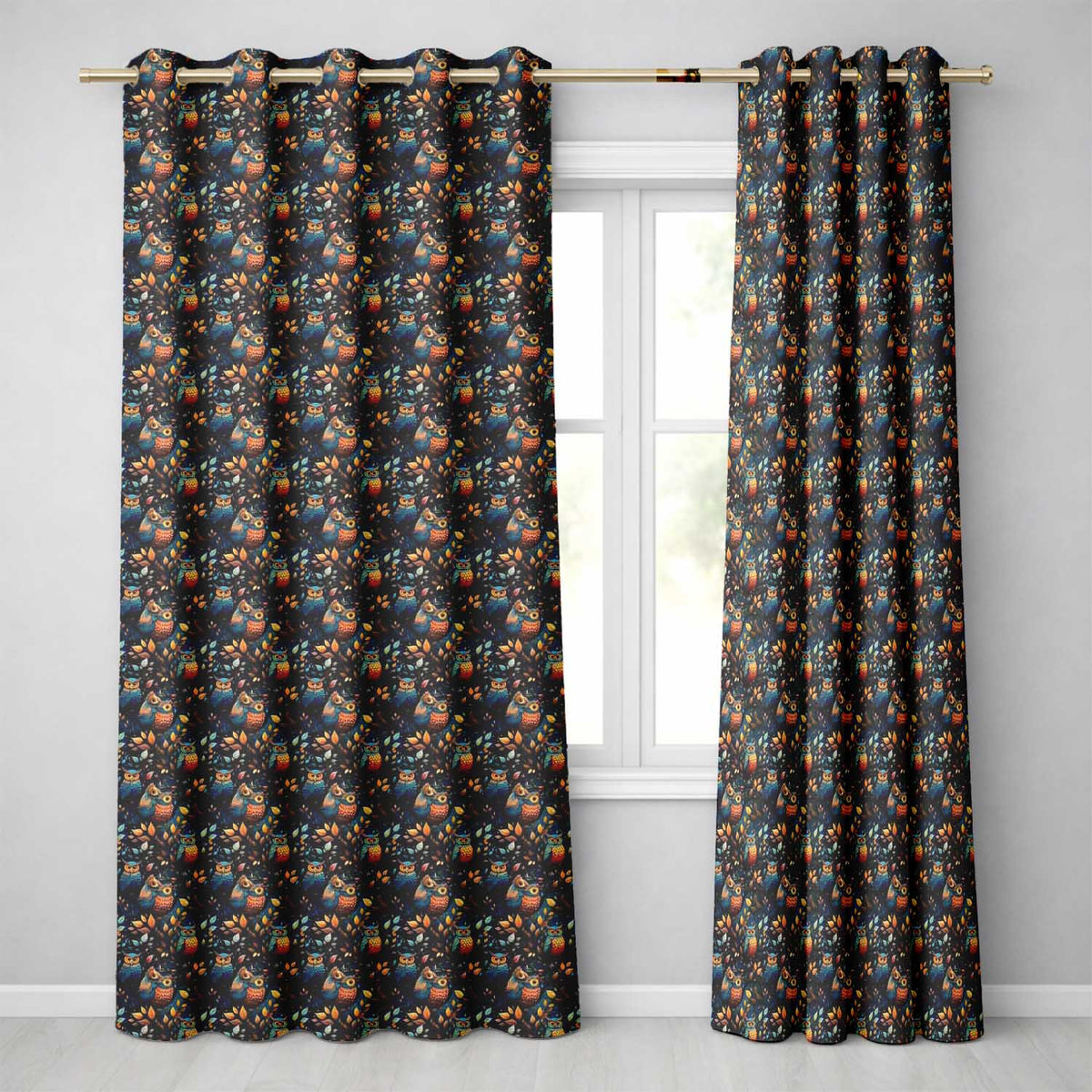 Colorful Autumn Owl Birds with Leaves Night Background Seamless Pattern  Readymade Eyelet Ring Top Thermal 100% Blackout Curtains