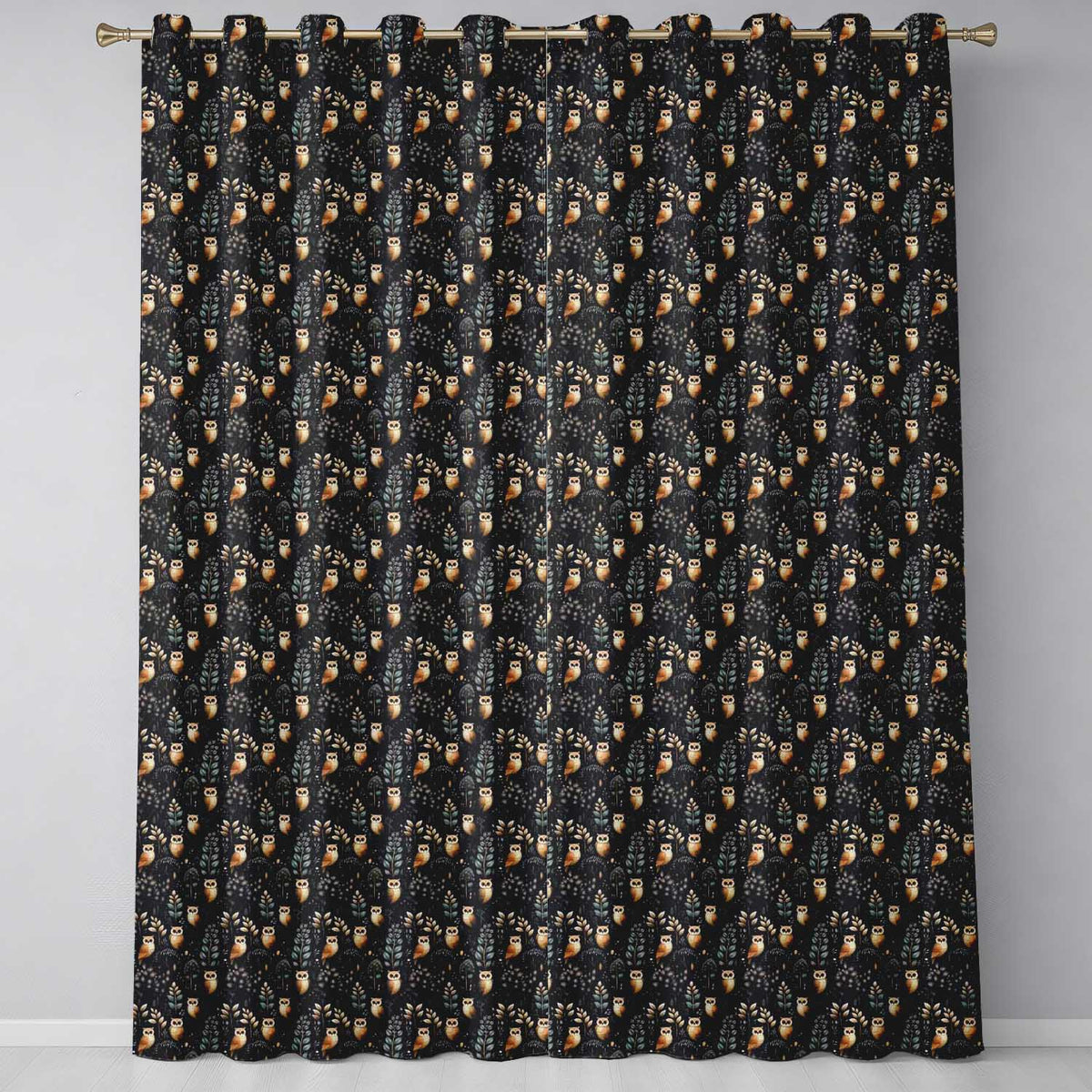 Cute Woodland Owl Birds with Botanical Night Background Seamless Pattern  Readymade Eyelet Ring Top Thermal 100% Blackout Curtains