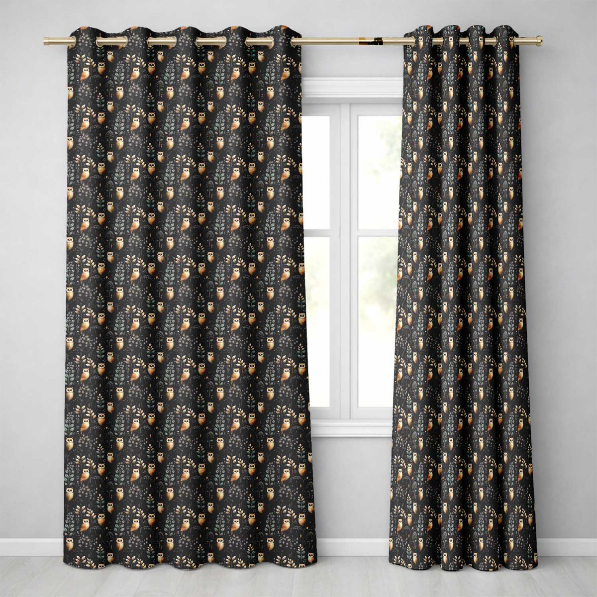 Cute Woodland Owl Birds with Botanical Night Background Seamless Pattern  Readymade Eyelet Ring Top Thermal 100% Blackout Curtains