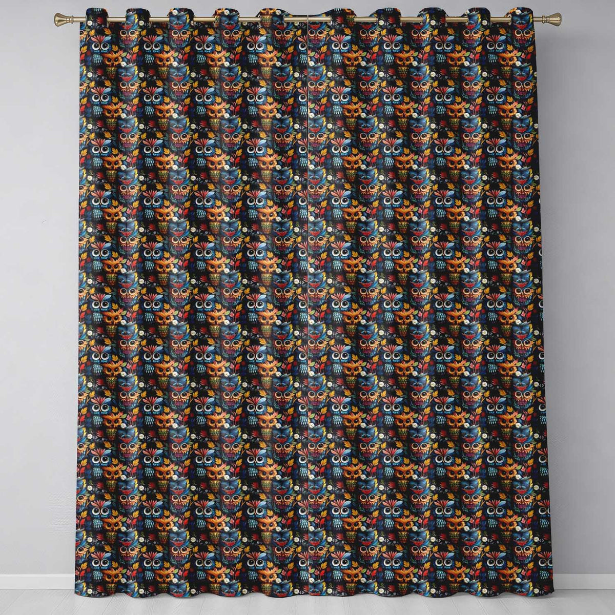 Colorful Cute Owl Birds with Autumn Leaves Dark Background Seamless Pattern  Readymade Eyelet Ring Top Thermal 100% Blackout Curtains
