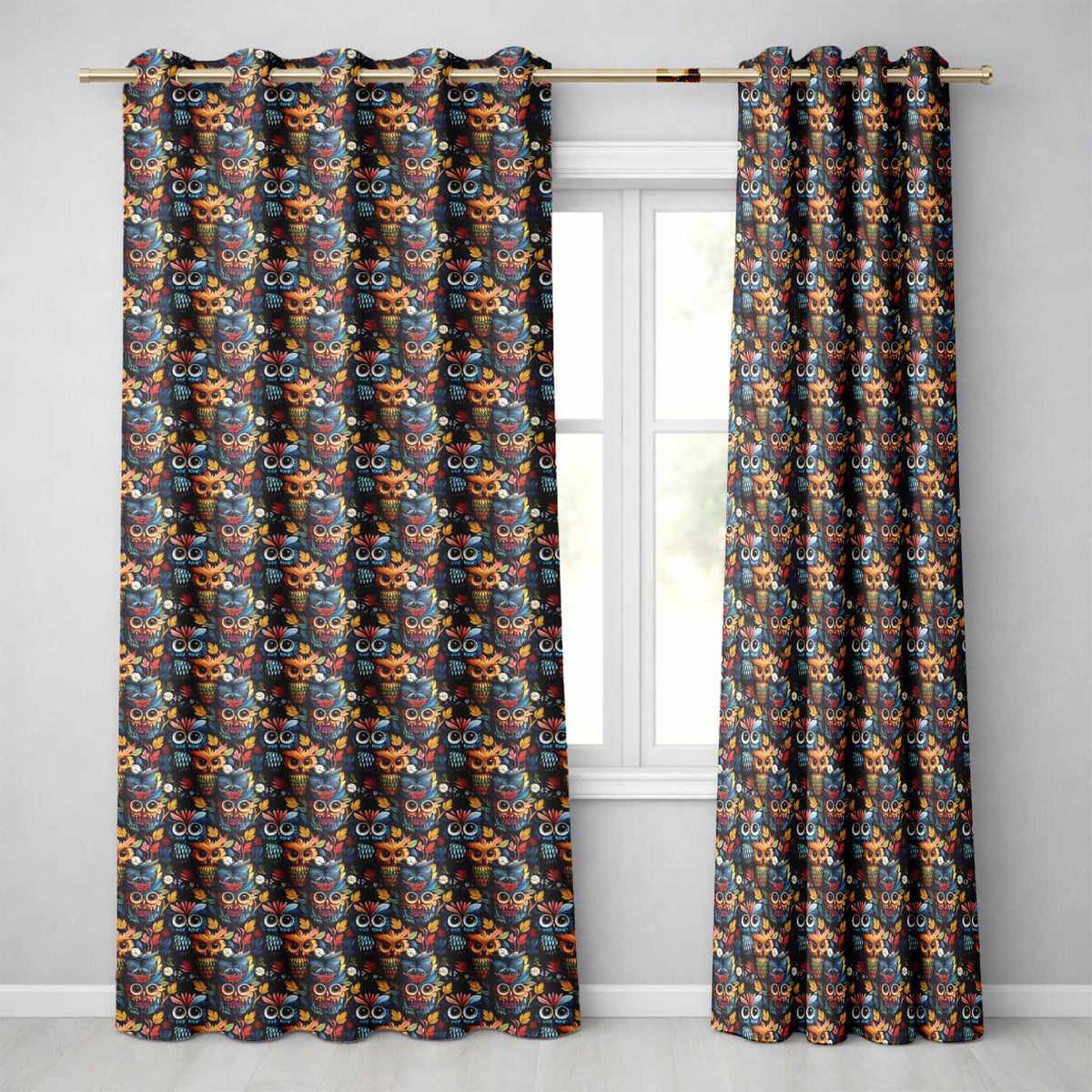 Colorful Cute Owl Birds with Autumn Leaves Dark Background Seamless Pattern  Readymade Eyelet Ring Top Thermal 100% Blackout Curtains