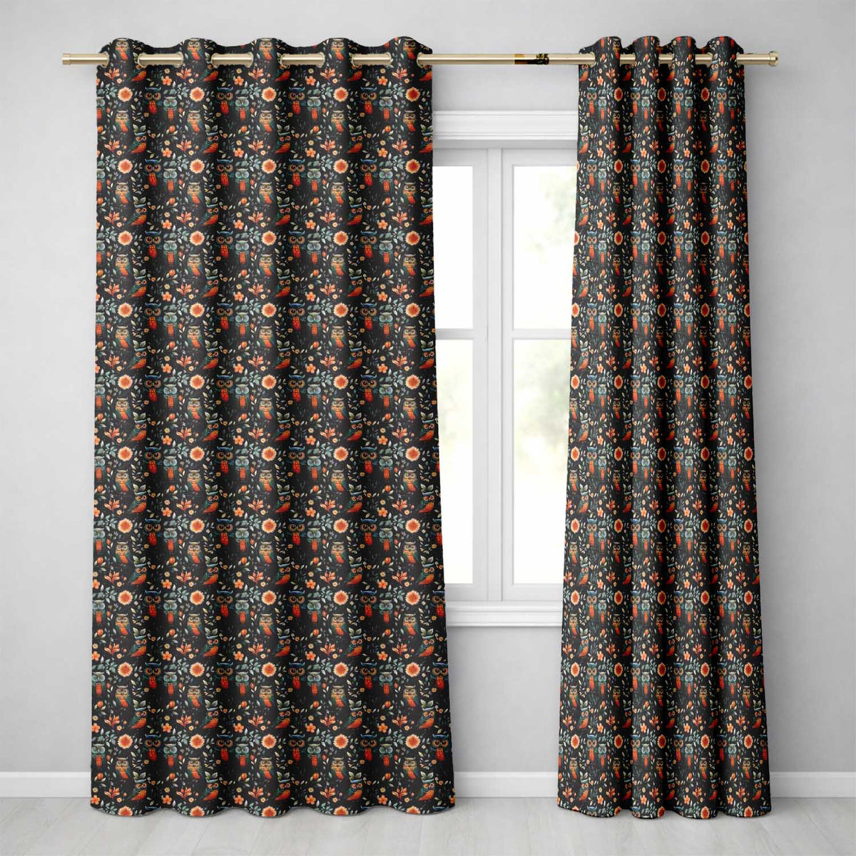 Elegant Owl Birds with Orange Flowers Dark Botanical Seamless Pattern  Readymade Eyelet Ring Top Thermal 100% Blackout Curtains