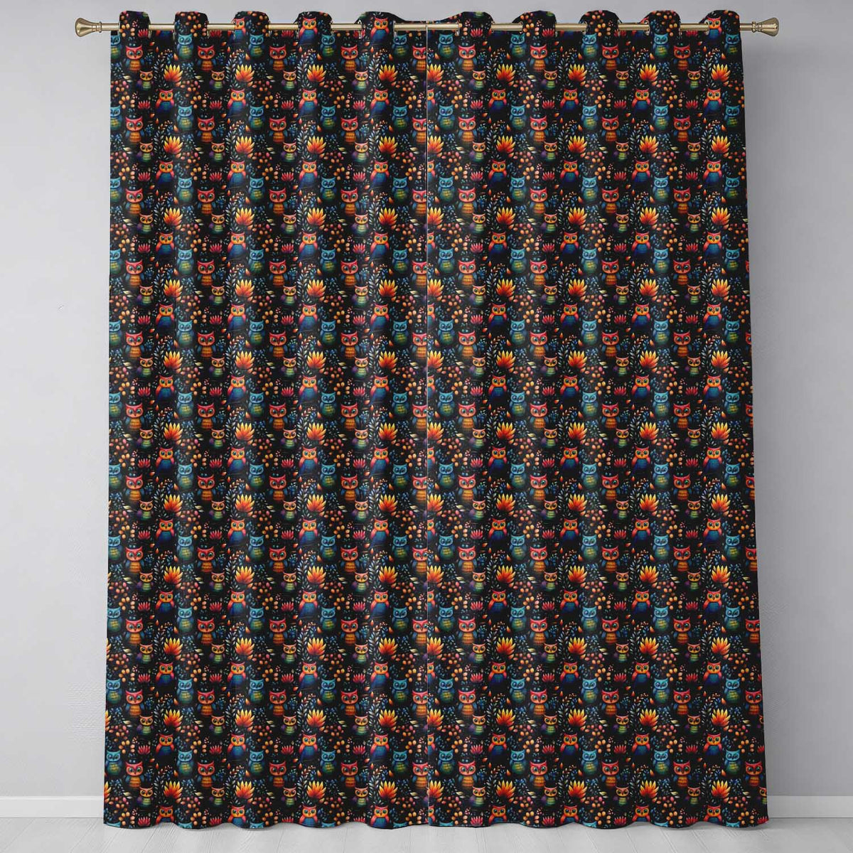Bright Cute Owl Birds with Colorful Leaves Night Background Seamless Pattern  Readymade Eyelet Ring Top Thermal 100% Blackout Curtains