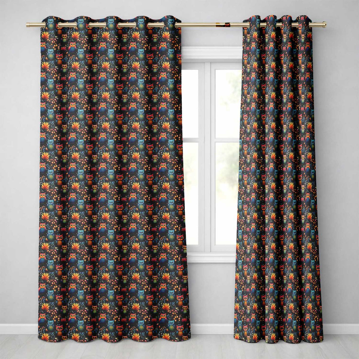 Bright Cute Owl Birds with Colorful Leaves Night Background Seamless Pattern  Readymade Eyelet Ring Top Thermal 100% Blackout Curtains