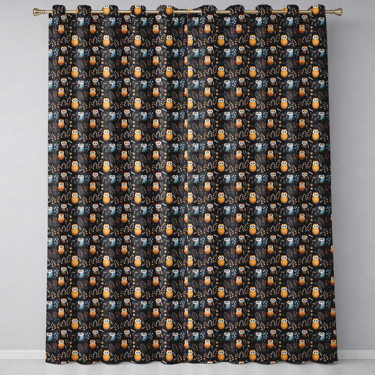 Minimal Cute Owl Birds with Botanical Elements Dark Background Seamless Pattern  Readymade Eyelet Ring Top Thermal 100% Blackout Curtains