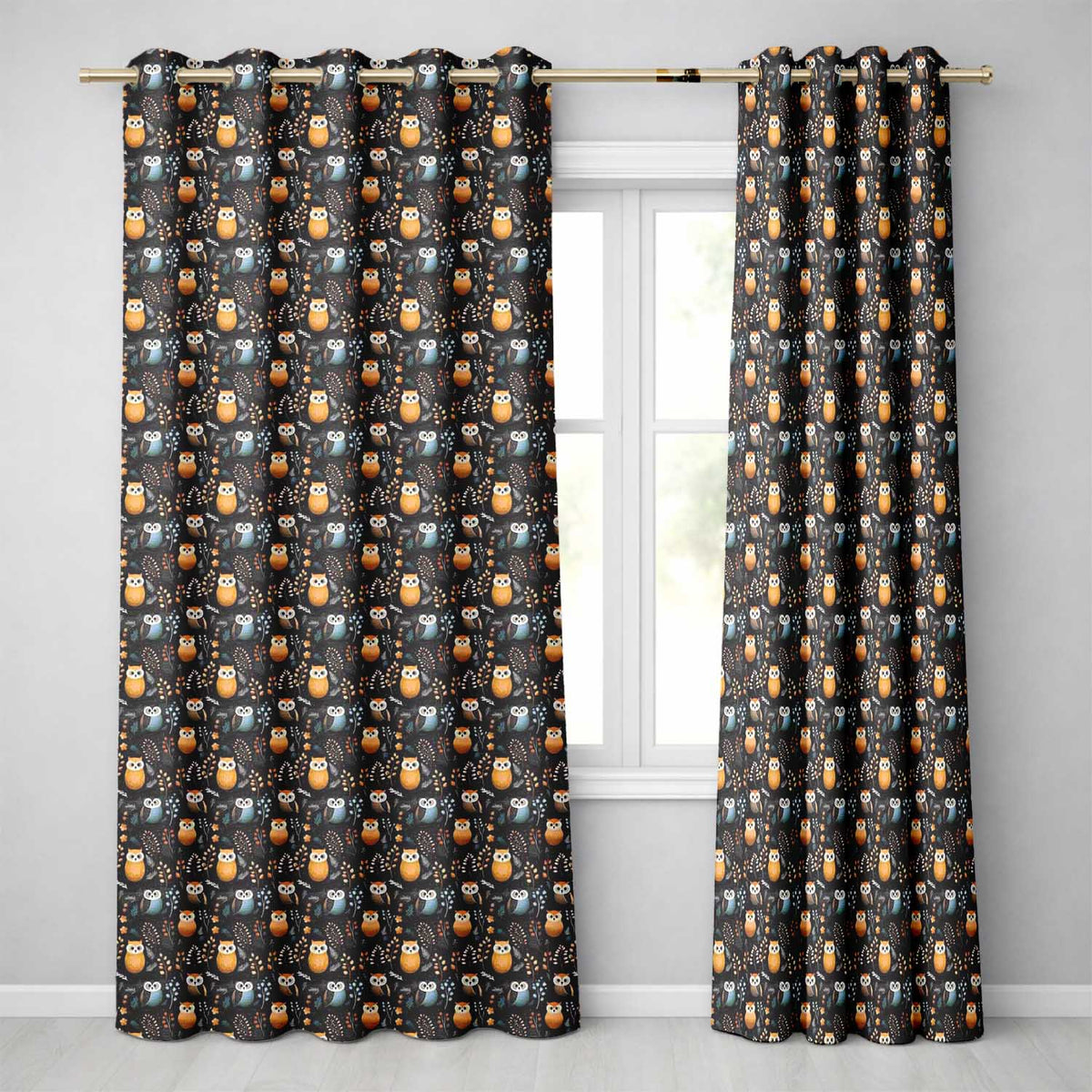 Minimal Cute Owl Birds with Botanical Elements Dark Background Seamless Pattern  Readymade Eyelet Ring Top Thermal 100% Blackout Curtains